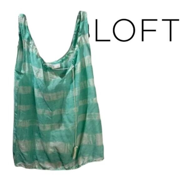 Loft Green & White Stripe‎ Sleeveless Drawstring Hem Tank Top XS Petite - Picture 1 of 5